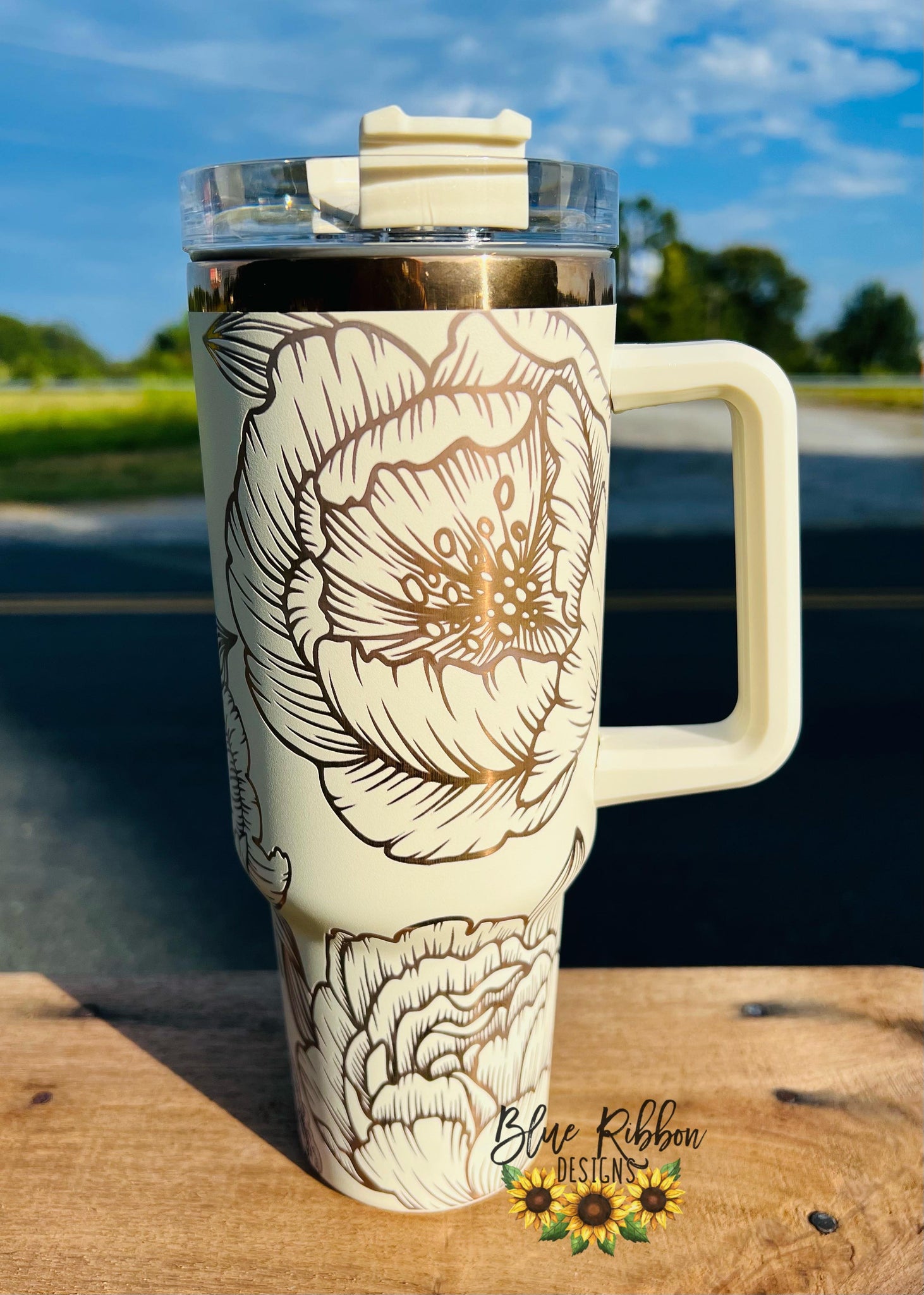 40 Ounce Cream/Copper Tumbler with Handle - Peonies or Sunflowers – Blue  Ribbon Designs