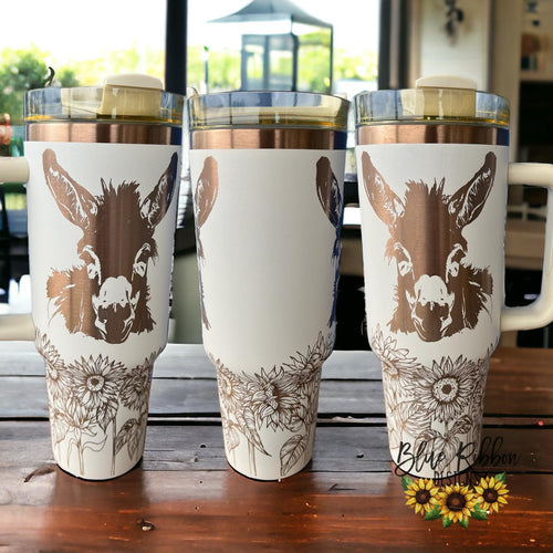 40 Ounce Stainless Tumbler with Handle - Donkey and Sunflowers