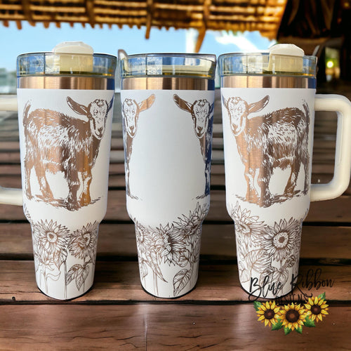 40 Ounce Stainless Tumbler with Handle - Goats and Sunflowers