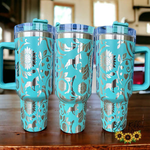 40 Ounce Stainless Tumbler with Handle - Sunflowers and Tennessee Walking Horses TWH