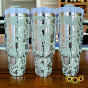 40 Ounce Stainless Tumbler with Handle - Sunflowers and Saddlebreds