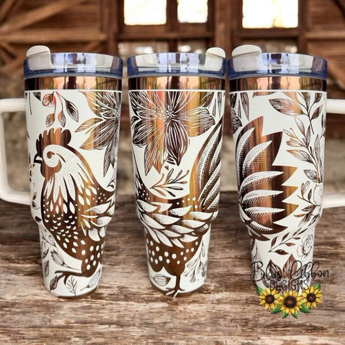 40 Ounce Stainless Tumbler with Handle - Floral Chicken
