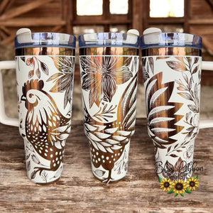 40 Ounce Stainless Tumbler with Handle - Floral Chicken
