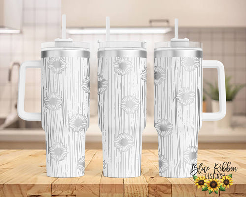 40 Ounce Stainless Tumbler with Handle - Woodgrain Daisies