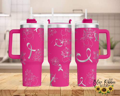 40 Ounce Stainless Tumbler with Handle - Breast Cancer Floral