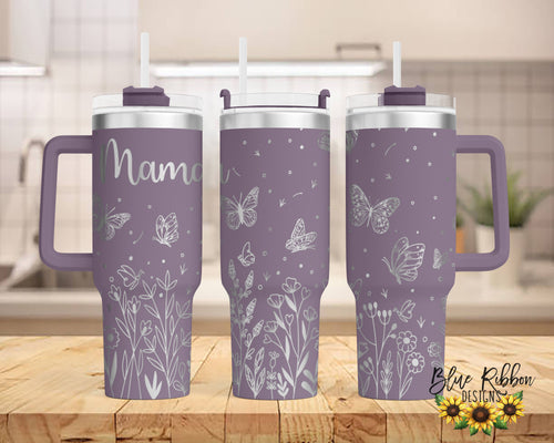 40 Ounce Stainless Tumbler with Handle - Floral/Butterfly Mama