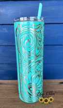 20 Ounce Stainless Tumbler - Tooled Leather and Sunflowers Design