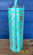 20 Ounce Stainless Tumbler - Tooled Leather and Sunflowers Design