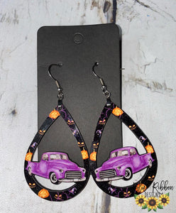 Halloween Print w/Purple Truck Teardrop Earrings