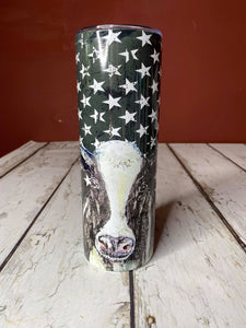 OOPS TUMBLER  20 Ounce Skinny Stainless Double-Walled Tumbler - Sunflower Cow w/Flag