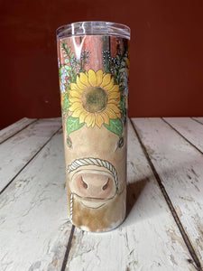 OOPS TUMBLER  20 Ounce Skinny Stainless Double-Walled Tumbler - Highland Cow w/Sunflower