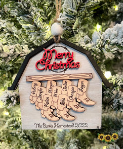 Personalized Wooden Barn w/Boots Ornament - Up to 10 Names