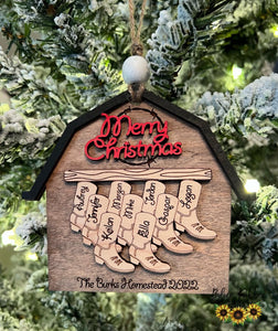 Personalized Wooden Barn w/Boots Ornament - Up to 10 Names