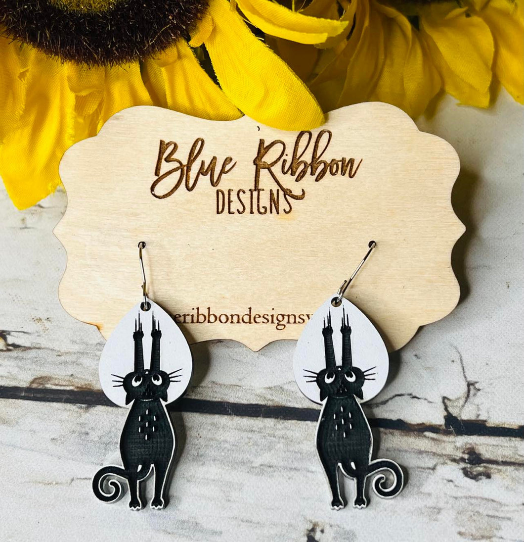 Funny Wood and Acrylic Cat Earrings