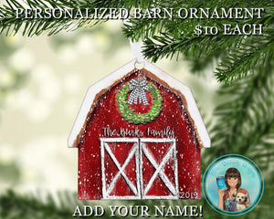 Personalized Red Barn Ornament w/Wreath