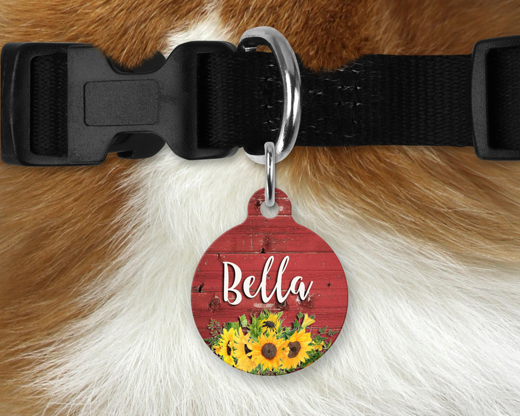 Aluminum Round Pet Tag - Red Barn Wood and Sunflowers