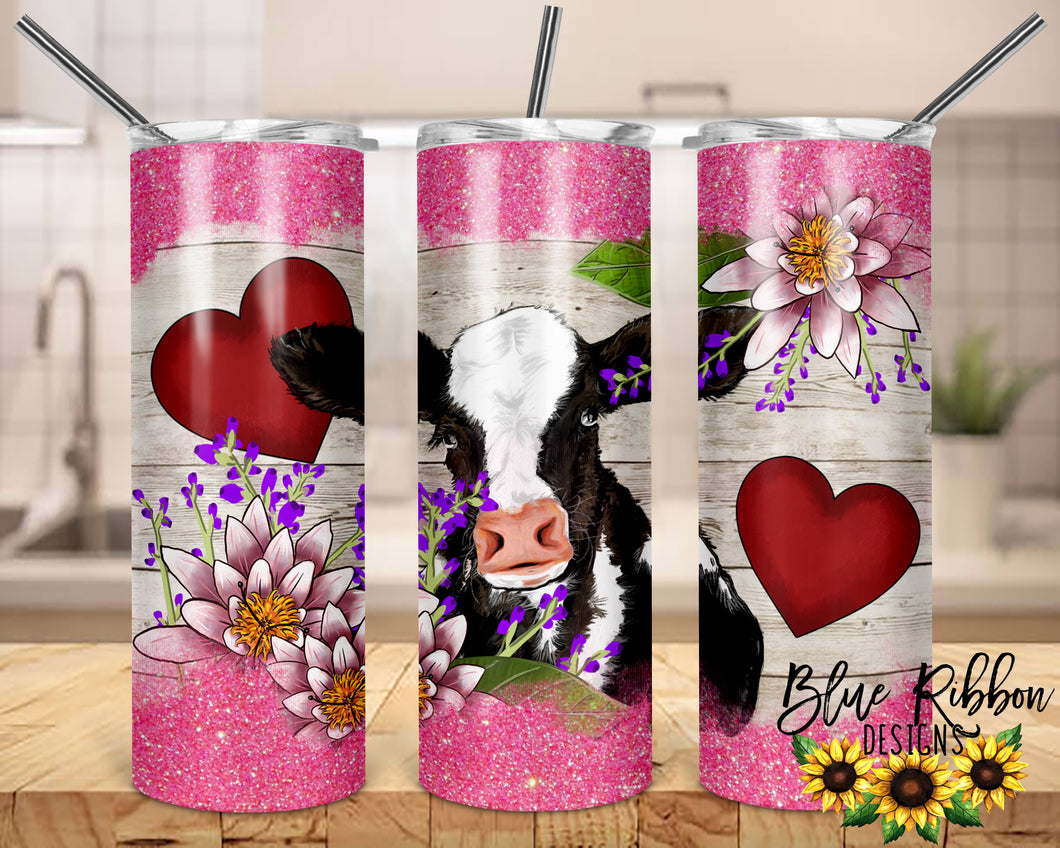 20 Ounce Skinny Stainless Double-Walled Tumbler - Cow with Hearts