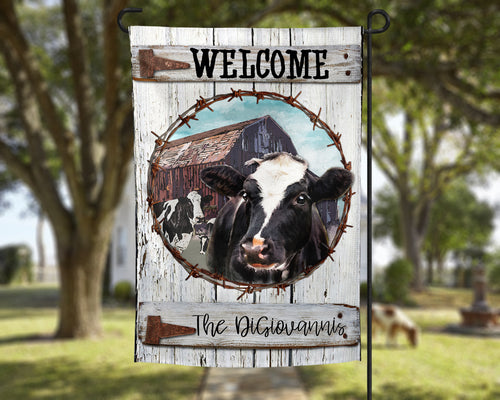 Personalized Welcome Cow Garden Flag