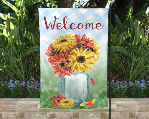 WELCOME Mason Jar with Gerber Daisies Garden Flag