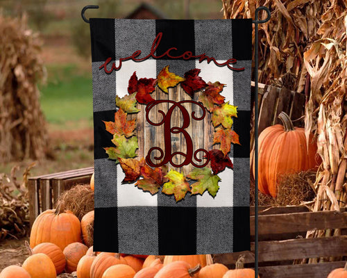 Plaid Fall Leaf Wreath Personalized Garden Flag