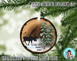 Personalized Moose and Trees Round Ornament