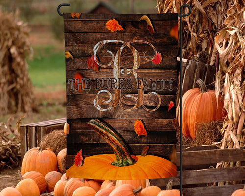 Pumpkin & Distressed Metal Monogram Personalized Garden Flag