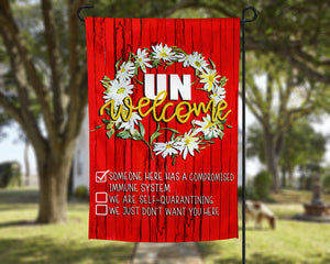 Social Distancing UNWelcome Red Barn Wood & Daisy Wreath Garden Flag