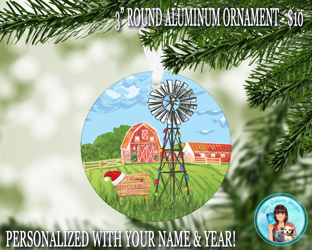 Personalized Farm and Windmill Round Ornament