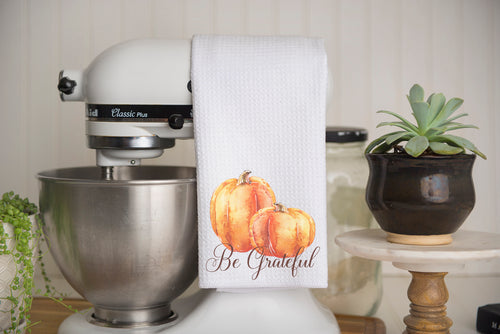 Be Grateful Pumpkin Waffle Weave Kitchen Towel