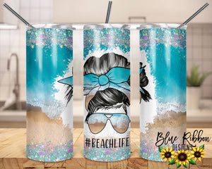 20 Ounce Skinny Stainless Double-Walled Tumbler - Messy Bun Beach Life