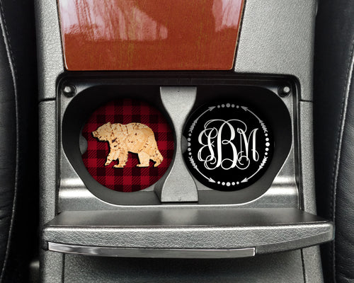 Buffalo Plaid and Cork Bear Sandstone or Rubber Car Coasters