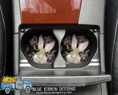 Black Floral Bunny Sandstone or Rubber Car Coasters