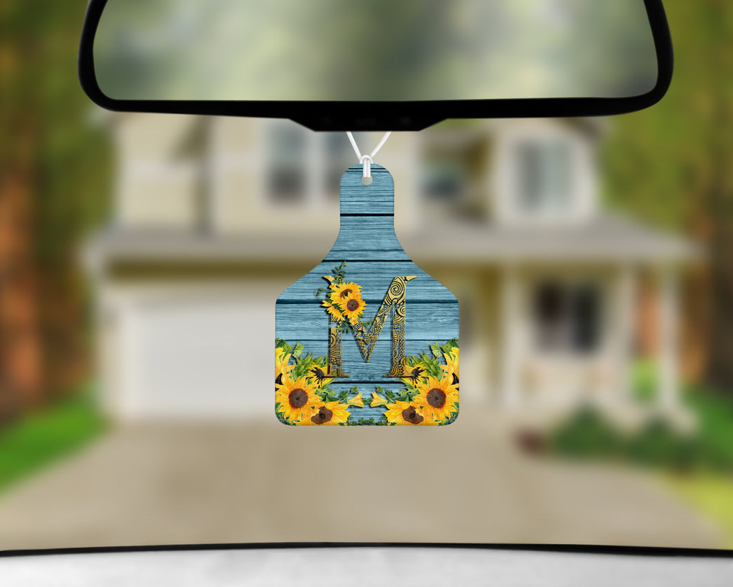 Personalized Cow Tag Auto Air Freshener - Blue Barn Wood and Sunflowers