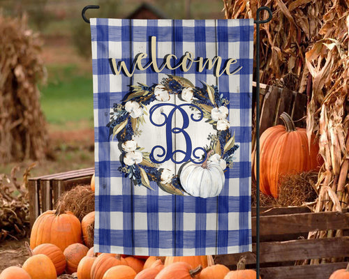 Blue Plaid & White Pumpkin Monogram Garden Flag