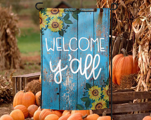 Welcome Y'all Blue Wood & Sunflower Garden Flag