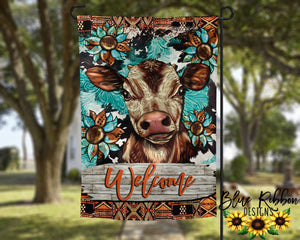 12X18" Single or Double Sided Brown/White Cow with Sunflowers Garden Flag