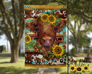 12X18" Single or Double Sided Brown Cow w/Blue Pearls Garden Flag