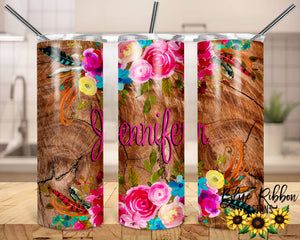 20 Ounce Skinny Stainless Double-Walled Tumbler - Brown Wood and Floral