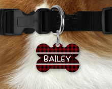 Aluminum Bone Shaped Pet Tag - Red Buffalo Plaid