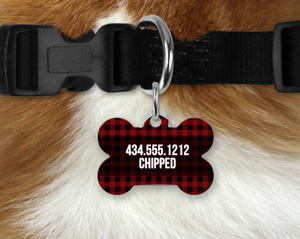 Aluminum Bone Shaped Pet Tag - Red Buffalo Plaid