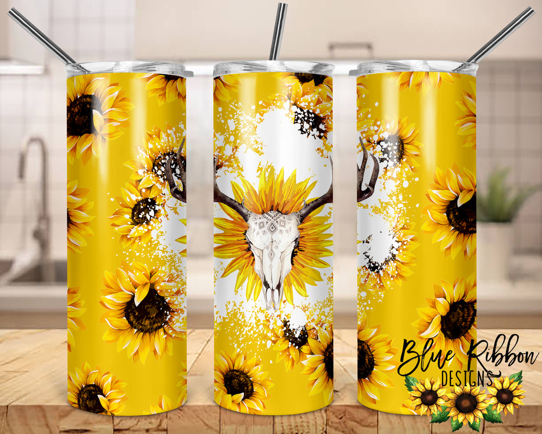 20 Ounce Skinny Stainless Double-Walled Tumbler - Sunflowers and Bull Skull