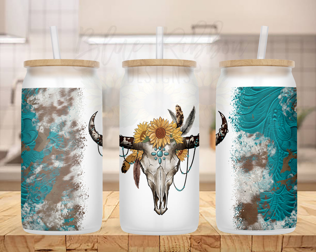20 oz. Frosted Glass Can for Iced Coffee, Soda, Beer, etc. - Bull Skull & Leather