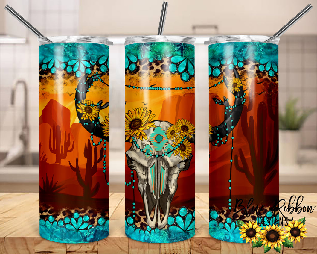 20 Ounce Skinny Stainless Double-Walled Tumbler - Bull Skull & Turquoise