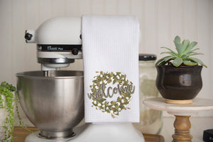 Cotton Wreath Welcome Waffle Weave Kitchen Towel