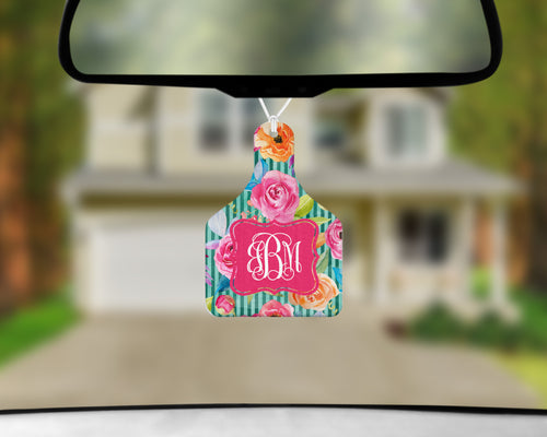 Personalized Cow Tag Auto Air Freshener - Floral and Stripes