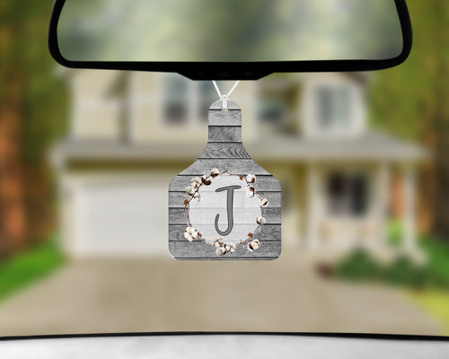 Personalized Cow Tag Auto Air Freshener - Grey Wood and Cotton