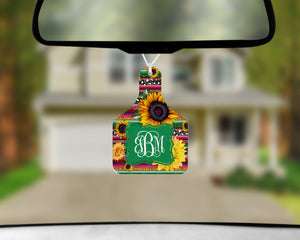 Personalized Cow Tag Auto Air Freshener - Serape and Sunflowers