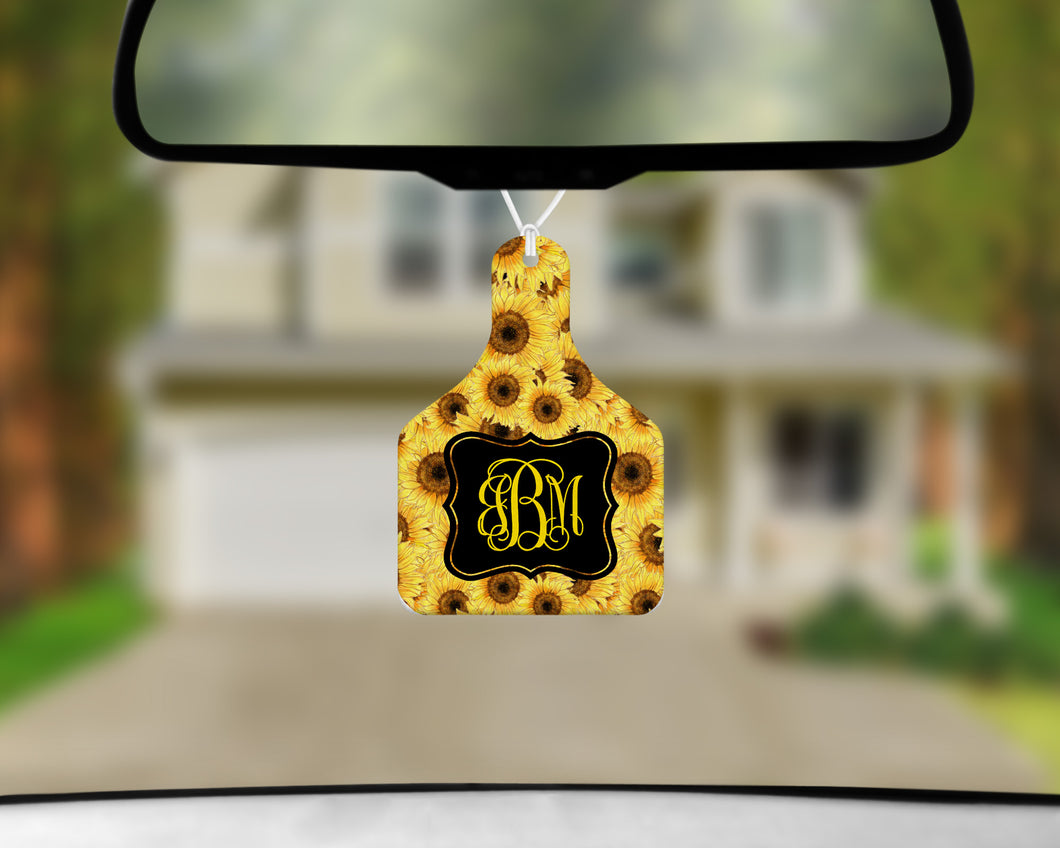 Personalized Cow Tag Auto Air Freshener - Sunflowers