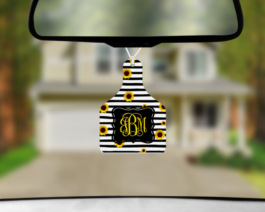 Personalized Cow Tag Auto Air Freshener - Stripes and Sunflowers