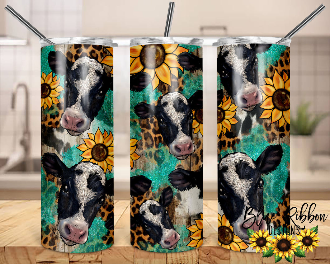 20 Ounce Skinny Stainless Double-Walled Tumbler - Cow and Sunflowers
